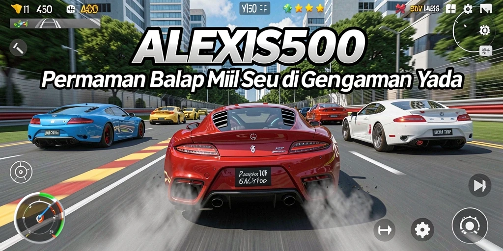 Tampilan gameplay ALEXIS500 dengan mobil balap yang melaju kencang di lintasan.