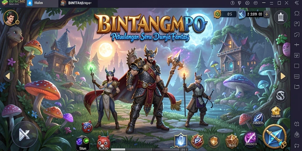 Screenshot gameplay BINTANGMPO yang menampilkan karakter menjelajahi dunia fantasi.