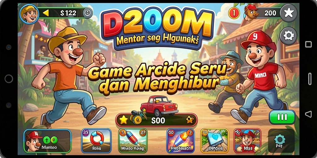 Screenshot utama D200M menampilkan gameplay seru dan penuh warna.