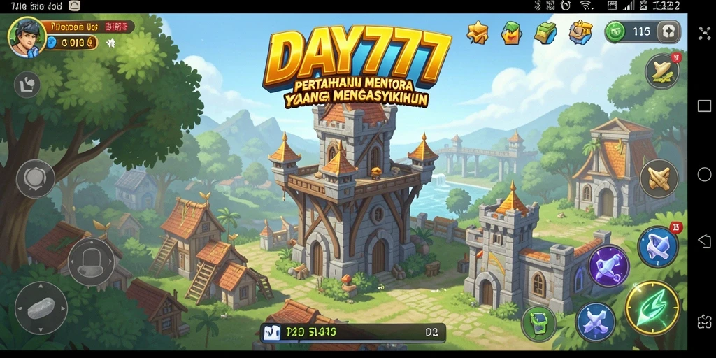 Tampilan gameplay DAY777 yang menegangkan dalam pertahanan menara.