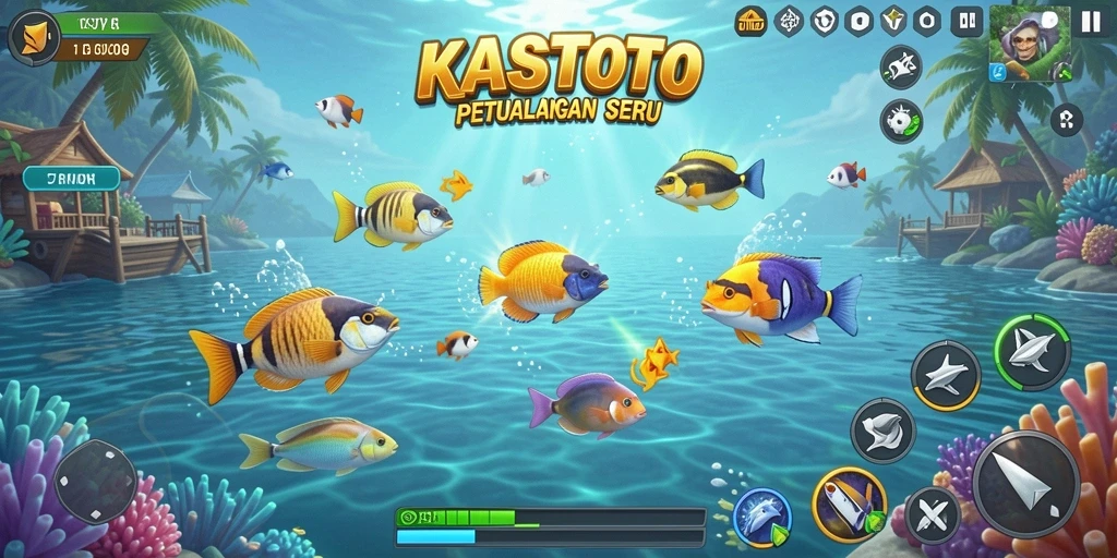 Screenshot utama KASTOTO menampilkan aksi seru menembak ikan di dalam lautan.