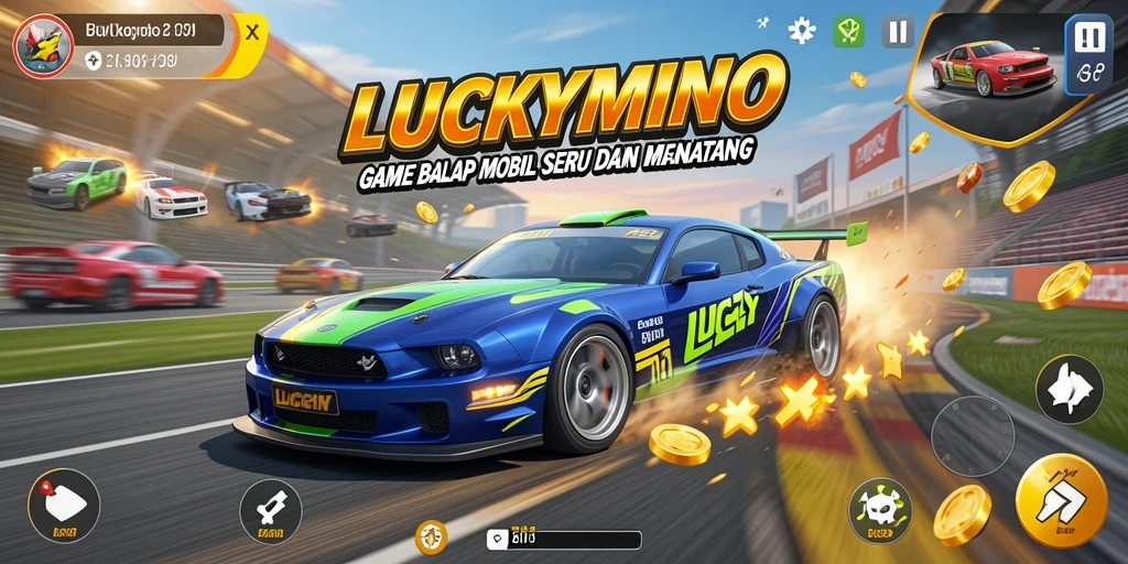 Tangkapan layar gameplay <strong>LUCKYMINO</strong>, menampilkan balapan mobil yang mendebarkan.