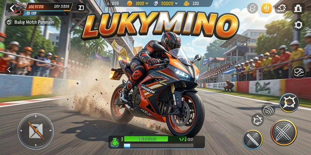 Tangkapan layar LUKYMINO menampilkan balapan motor yang intens dan penuh aksi.