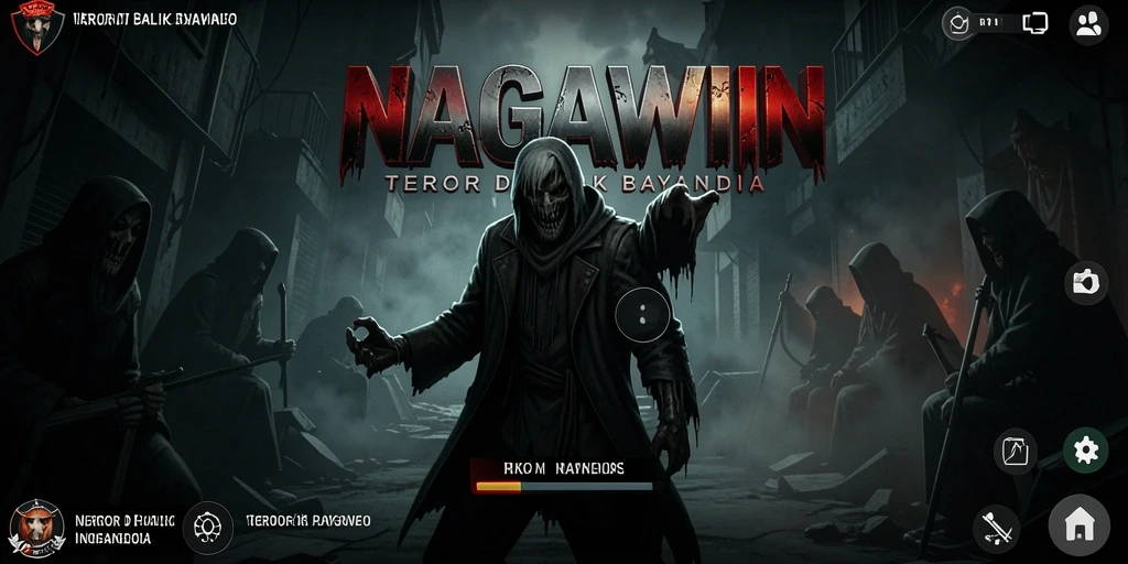 Screenshot gameplay NAGAWIN menampilkan suasana mencekam di dalam desa yang angker.