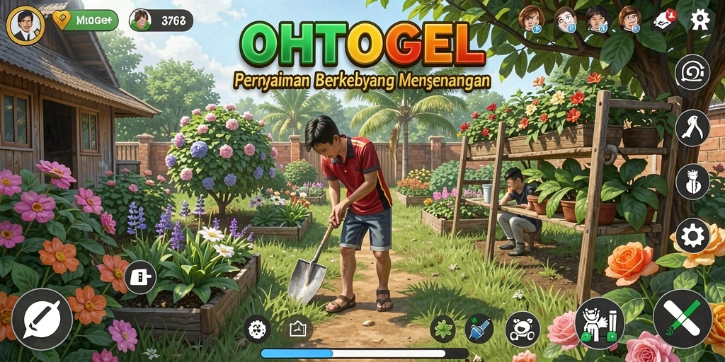 Screenshot menampilkan aktivitas berkebun dalam OHTOGEL dengan tanaman subur.