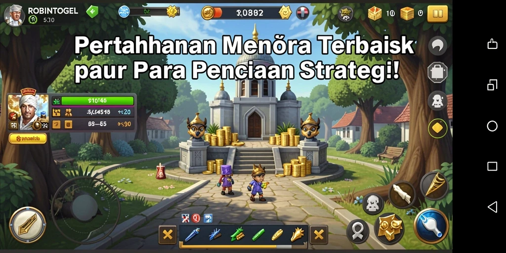 Tangkapan layar gameplay menakjubkan dari ROBINTOGEL dengan menara yang sedang beraksi.