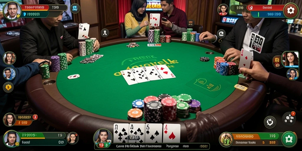 Screenshot menunjukkan pengguna memainkan T9999 dengan antusias di meja poker.